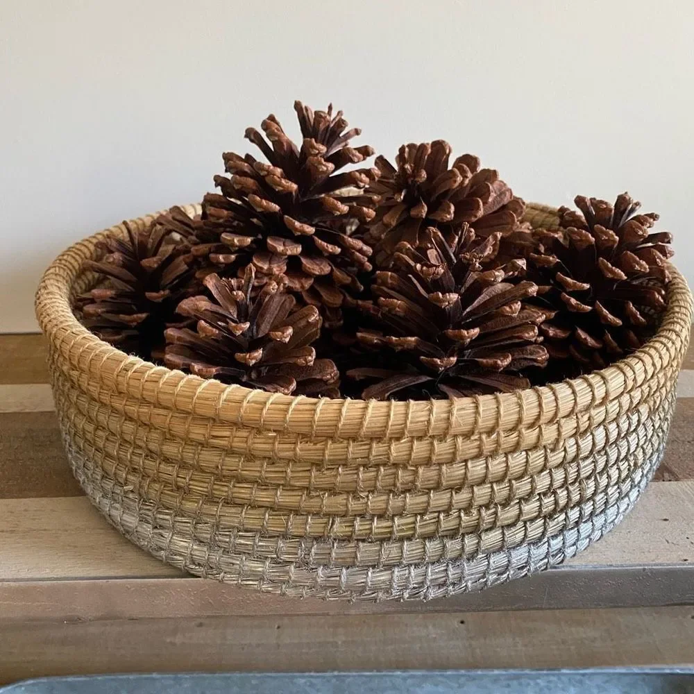 Decorative Basket Natural & Silver Round Woven Seagrass Boho Coastal Farmhouse
